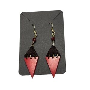 Handmade Leather and Red Resin Triangle Earrings